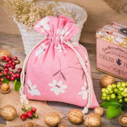 Pouches like linen with printing 13 x 18 cm - natural / pink flowers Medium bags 13x18 cm