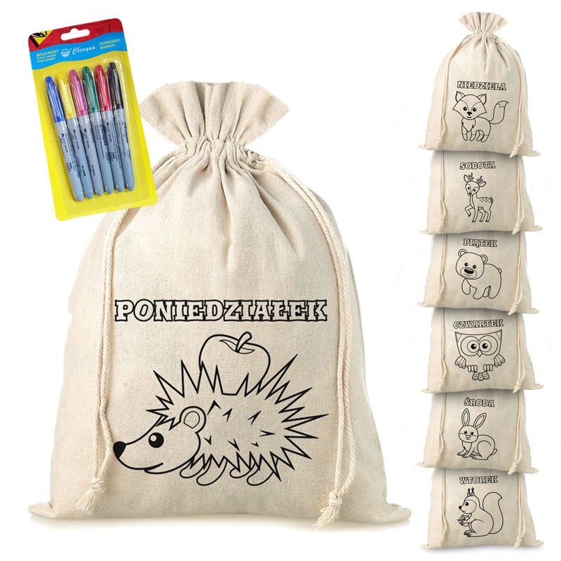 7 pcs. Linen bags 30 x 40 cm with printing - colouring bags with felt-tip pens