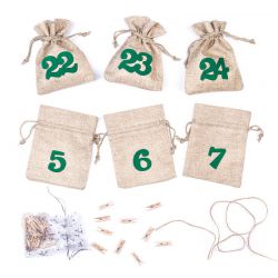 Advent calendar jute bags sized 11 x 14 cm - natural + green numbers Christmas bag