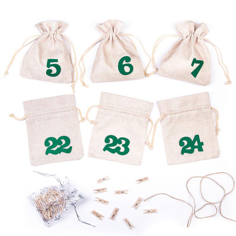 Advent calendar jute bags sized 12 x 15 cm - natural bright colour + green numbers Christmas bag