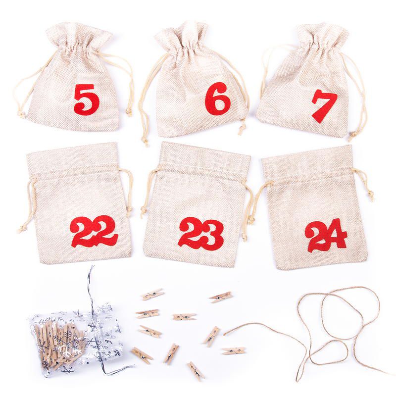 Advent calendar jute bags sized 12 x 15 cm - natural bright colour + red numbers Christmas bag