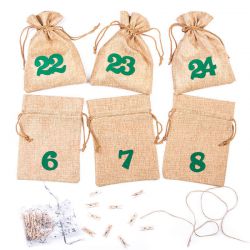 Advent calendar jute bags sized 13 x 18 cm - light brown colour + green numbers Christmas bag