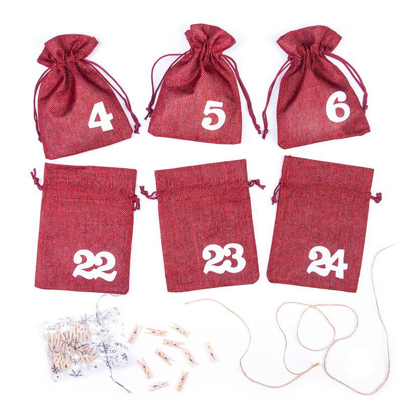 Burlap / Jute bags advent calendar 13 x 18 cm - burgundy + white numbers Christmas bag