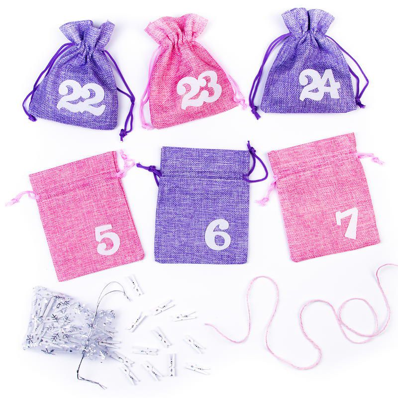 Advent calendar jute bags, sized 12 x 15 cm, pink and violet + white numbers Christmas bag
