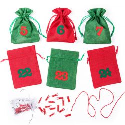 Advent calendar jute bags, sized 12 x 15 cm - green and red + red and green numbers Christmas bag