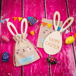 13 x 18 cm jute bag - Easter + wooden Easter egg with ears Valentine's Day