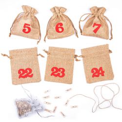 Advent calendar jute pouches sized 12 x 15 cm - light brown + red numbers Burlap bags / Jute bags