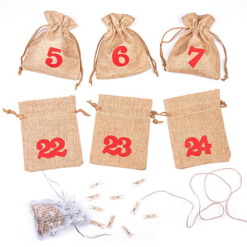 1 pc Advent calendar jute pouches sized 12 x 15 cm - light brown + red numbers