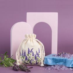 Cotton pouches 8 x 10 cm - natural with print lavender Printed organza bags