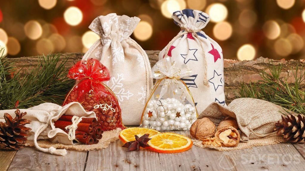 Christmas bags made of material for packaging Santa gifts and Christmas presents