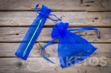 Blue organza bags as packaging for advertising gadgets