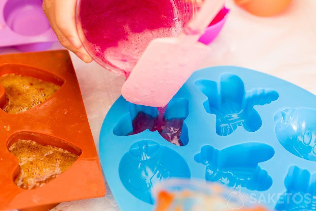 Homemade DIY soap can be poured into silicone molds.