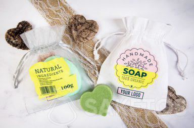A bag with a logo as packaging for handmade soaps