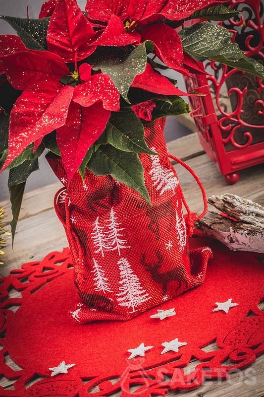 A jute bag with a print for Christmas as a flowerpot cover