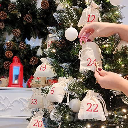 An Advent calendar on a Christmas tree - a Christmas tree with bags