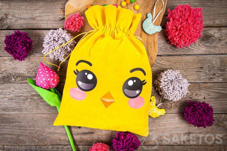 Yellow velvet bag - Easter chickens