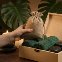 Jute bags in a set for home SPA and massage.