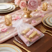 Organza bags filled with sweets on an elegant wedding table.
