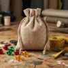 Small jute drawstring bags close-up.
