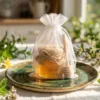Organza bags as decorative packaging for a honey jar.