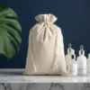 Linen bags for natural cosmetics in glass bottles.
