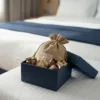 Jute bags with a welcome gift for hotel guests.