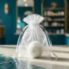 White mini organza pouches for bath bombs and small cosmetics.