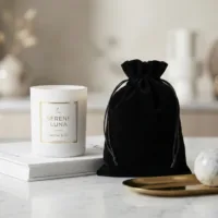 Minimalist white candle placed next to a luxury black velvet pouch.