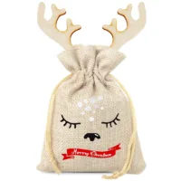1 pc 13 x 18 cm jute pouch - Christmas + wooden bauble with antlers 8 13 x 18 cm jute pouch - Christmas + wooden bauble with antlers Christmas bag