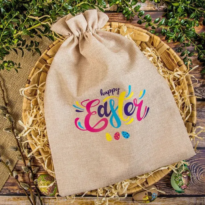 jute bag, sized 30 x 40 cm, printed with the text “Happy Easter” Burlap bags / Jute bags
