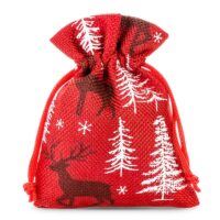 Burlap bags 8 x 10 cm - red / reindeer Christmas bag