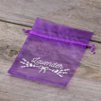 Organza bags 9 x 12 cm - purple dark with print (lavender) - 2 Lavender pouches