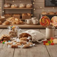 Homepage 20 Linen bags with small gifts on a wooden table