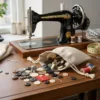 Linen bags for buttons and sewing accessories on a worktable