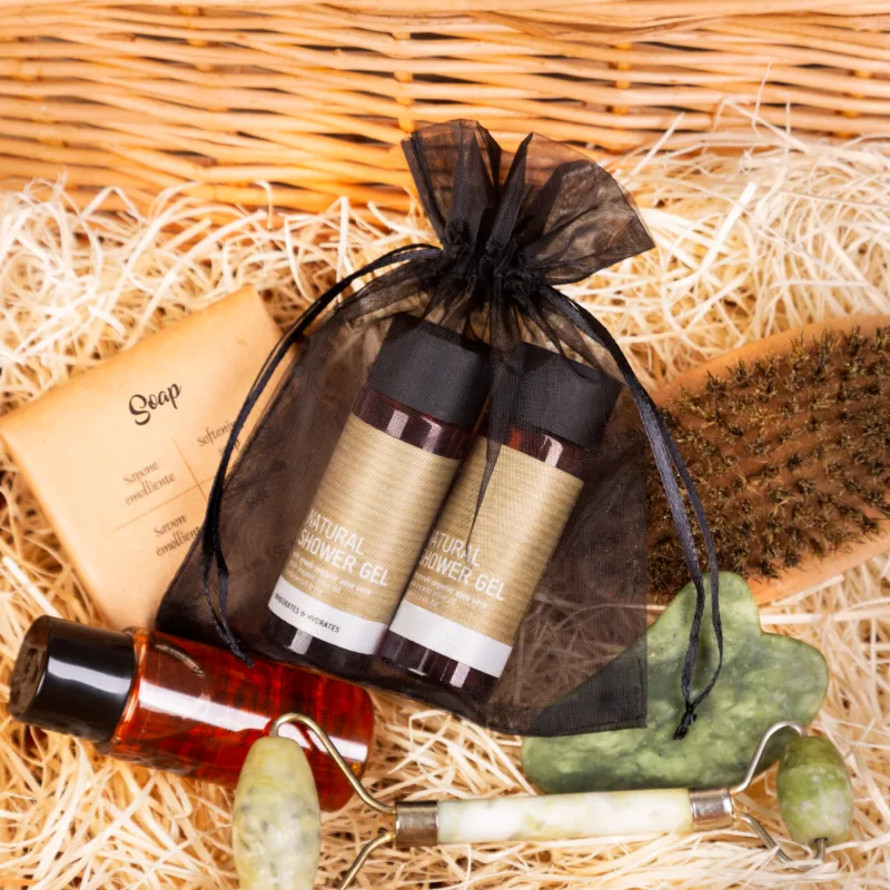 Black organza cosmetics pouch for beauty products and spa gift sets