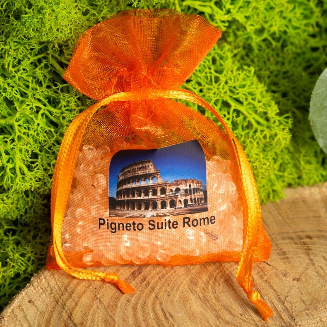 Orange organza pouch with Colosseum print, tied with a ribbon.