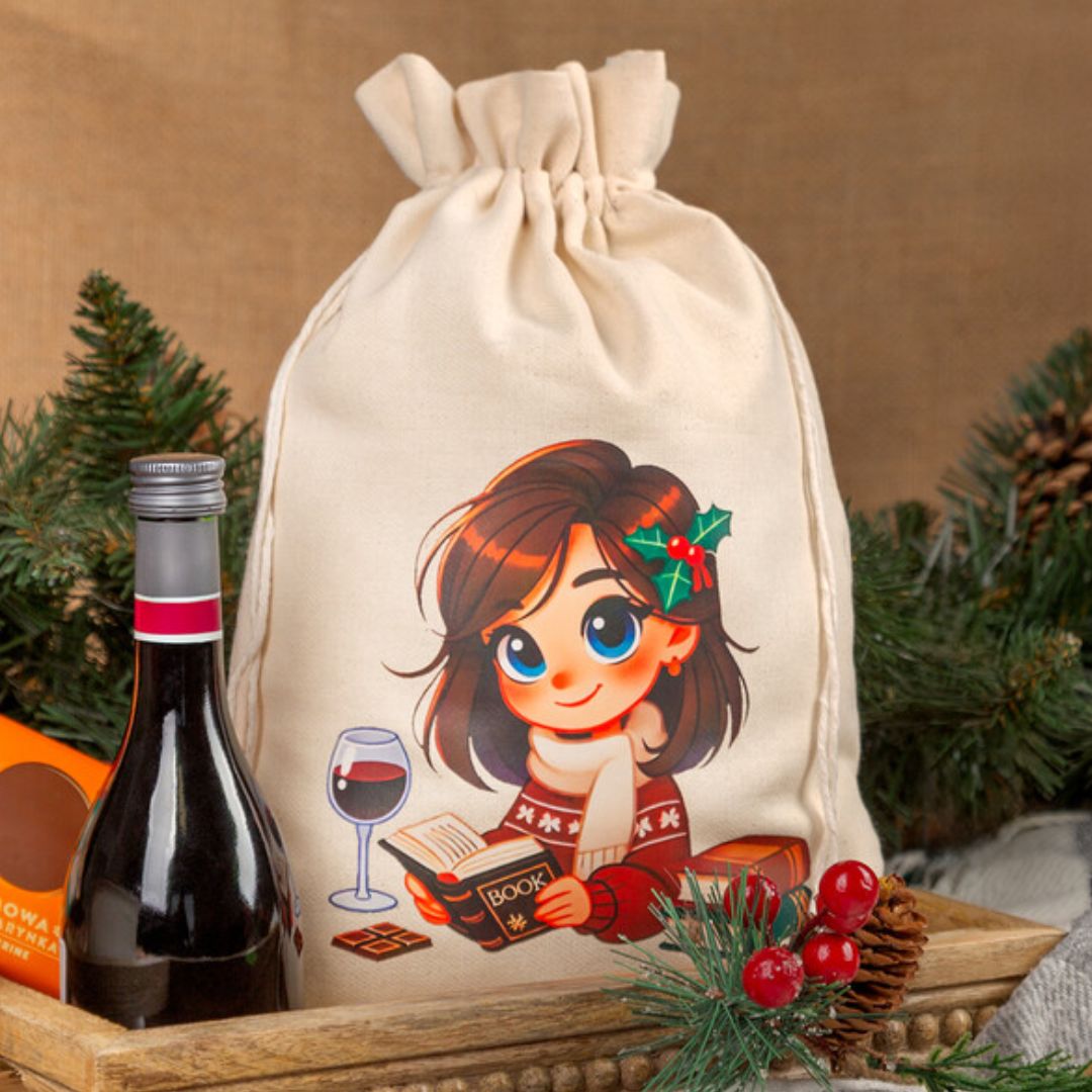 Cotton pouch with cartoon character print, next to a bottle of wine.