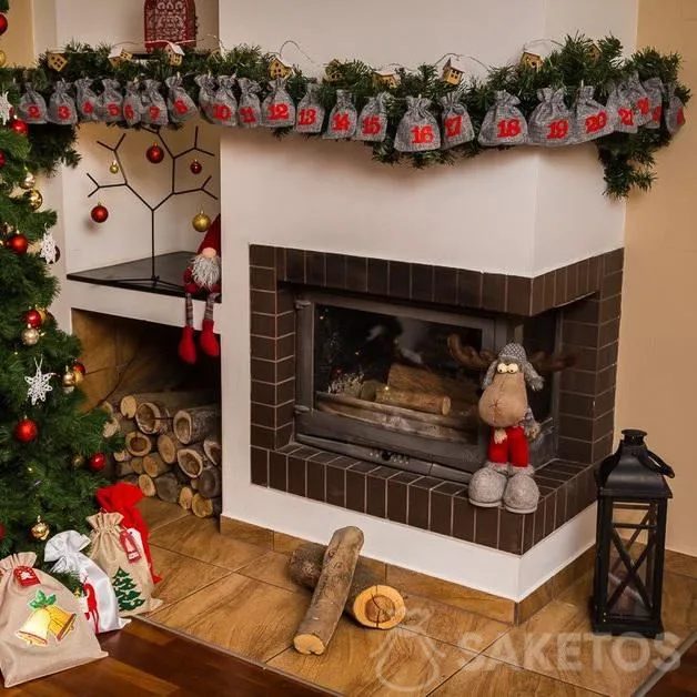 An advent calendar made of grey jute bags - Christmas garland