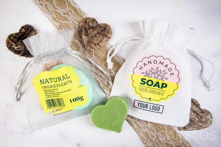 A bag with a logo as packaging for handmade soaps