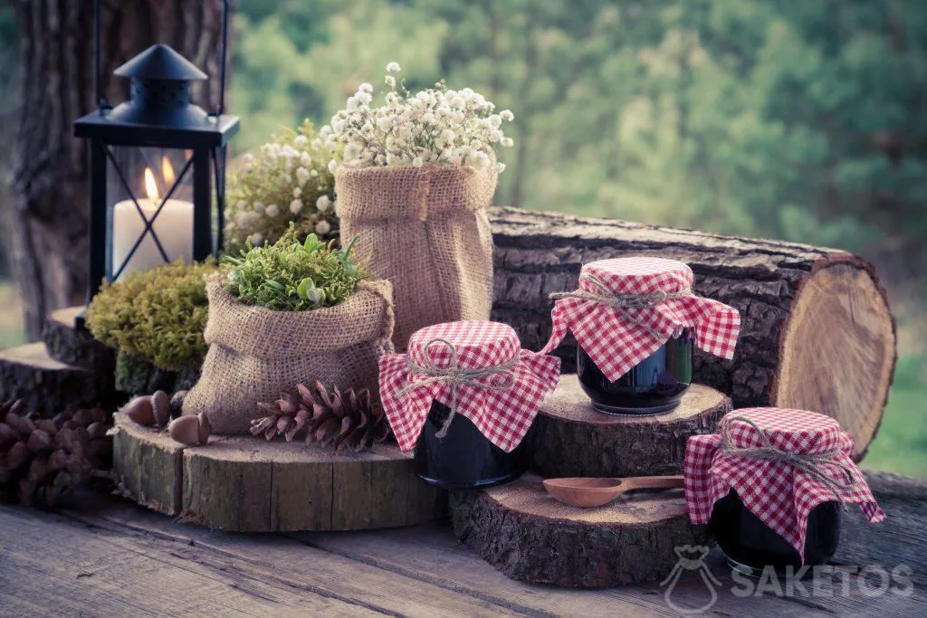 Jute bags and jars with preserves