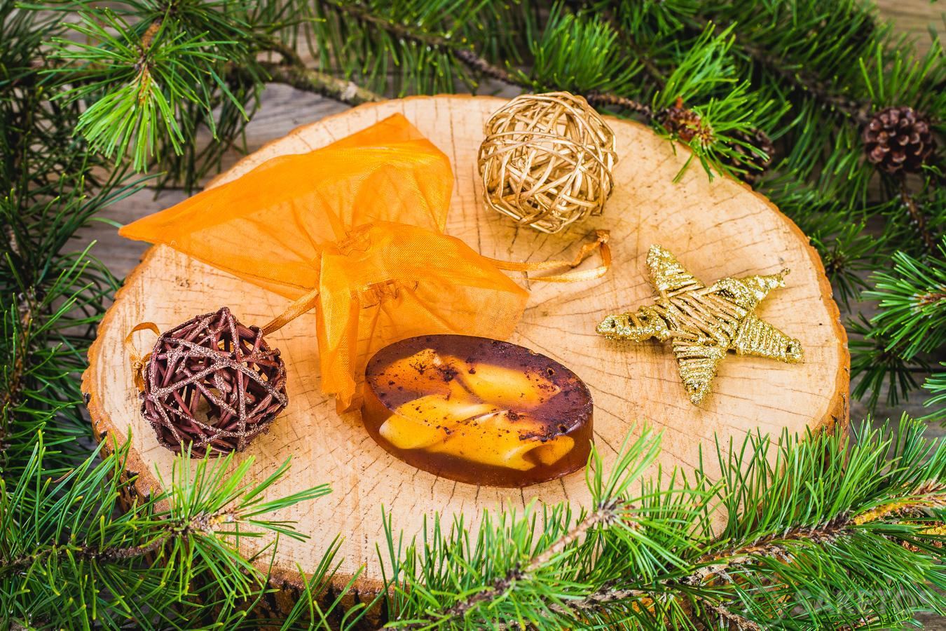 Glycerine winter soap and a golden organza bag as decorative packaging.