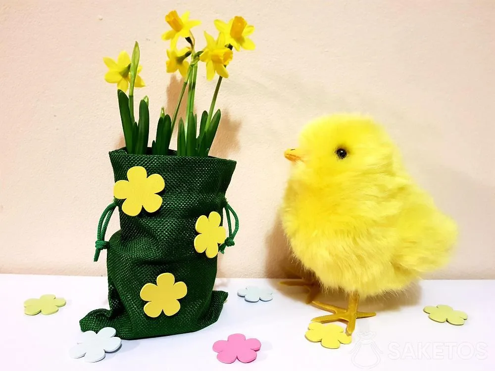 Easter bag decorated with self-adhesive flowers