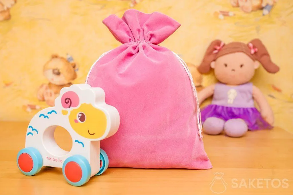 Bags made of velour material are great for decorative storage of toys