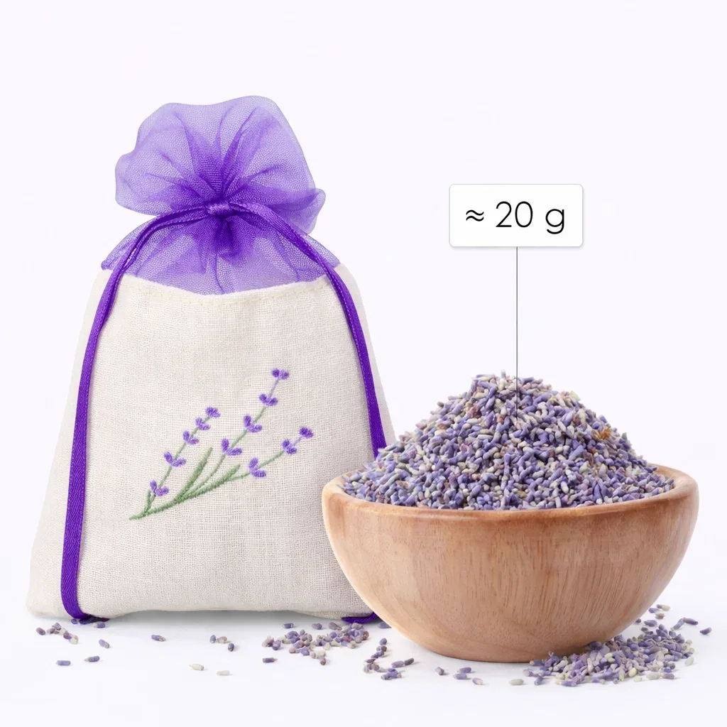 Cotton & Organza Lavender Sachets 10x13 cm - Set of 5 - Elegance in Every Detail 6 Lavender sachets made of cotton and organza with lavender embroidery, shown with approx. 20 g of dried lavender as filling example.