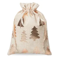 Set of 5 Burlap Gift Bags 15x20 cm - Gold Tree Print for Holiday Packaging 28