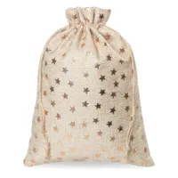 Set of 5 Burlap Gift Bags 18x24 cm - Rustic Look with Gold Star Print 2