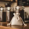 Linen Bags for coffee and coffee beans on a kitchen worktop