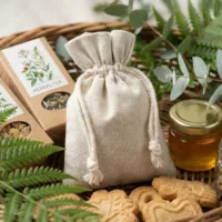 Linen Bags for gift packaging with honey jar and natural accessories, elegant present wrapping
