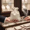 Linen Bags for jewellery packaging in a jewellery store, premium gift presentation