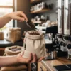 Linen Bags filled with coffee beans in cafe, practical storage and gift packaging
